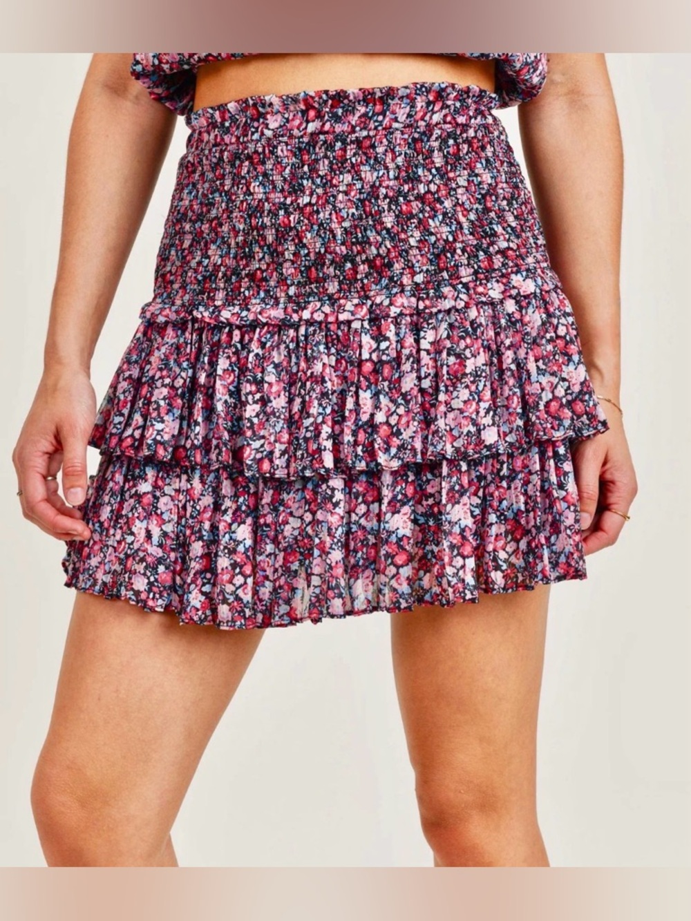 Smocked Waist Pink Floral Tiered Mini Skirt